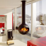 Amazing Fireplace Design Come With Black Round Hanging Fireplace And