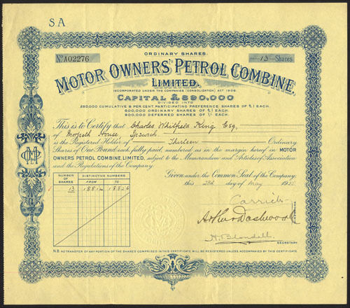 Motor Owners Petrol Combine Ltd 1 Ordinary Shares 1925 M Veissid 