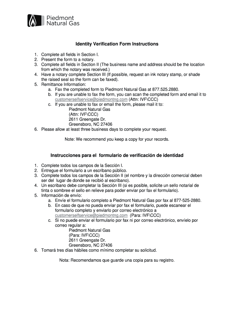 Piedmont Natural Gas Identity Verification Form Fill And Sign 