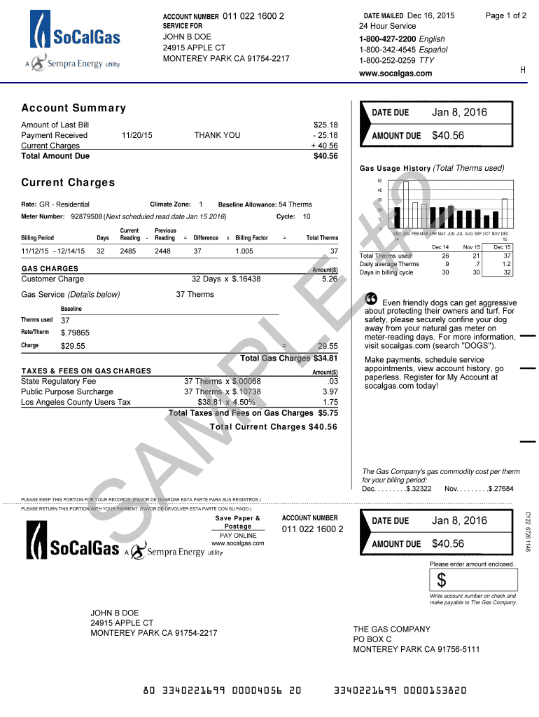 Southern California Gas Company Bill Pdf Fill Out And Sign Printable 