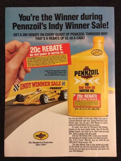 Vintage 1986 Original Print Ad PENNZOIL Motor Oil Indy Winner Rebate 