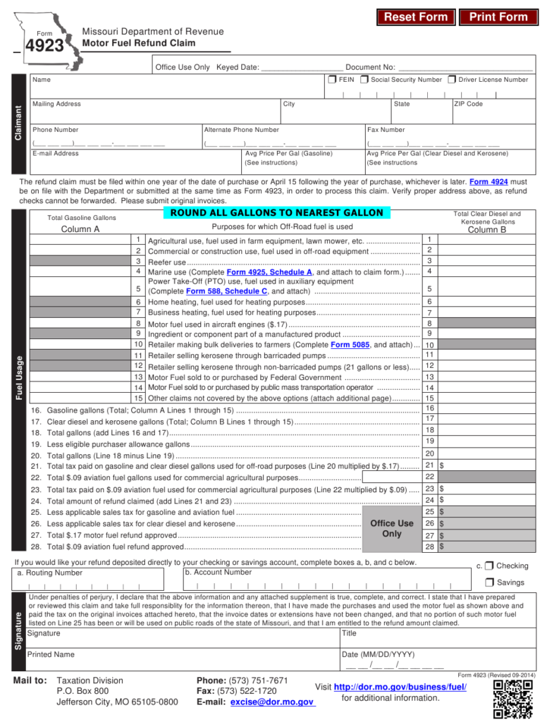 Form 4923 Download Fillable PDF Or Fill Online Motor Fuel Refund Claim 