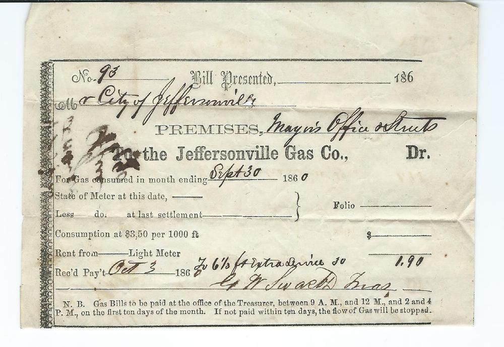 1860 Jeffersonville Gas Company Bill IN Indiana Jeffersonville Gas 