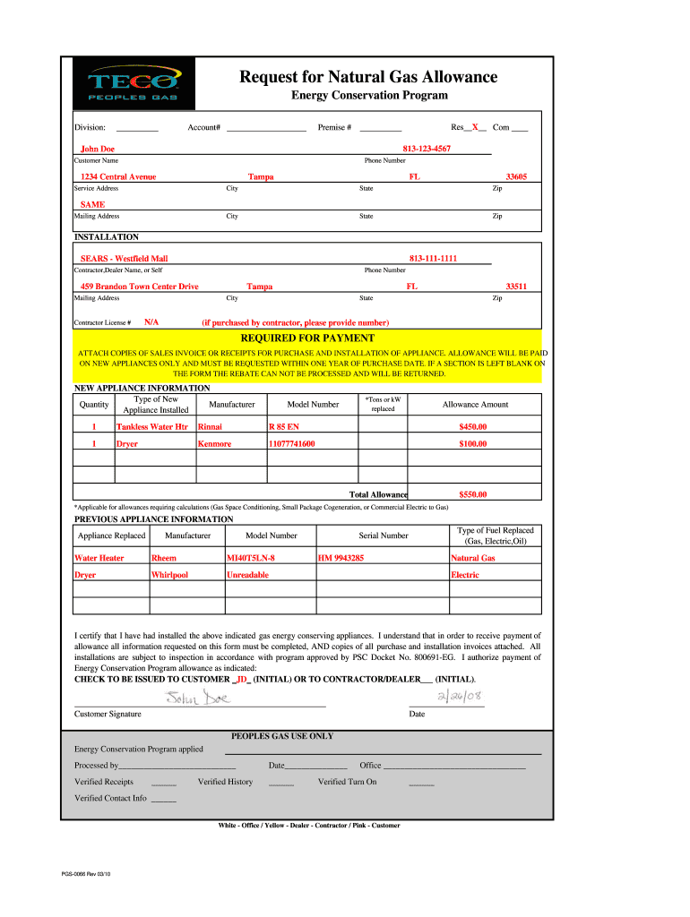 Request For Natural Gas Allowance TECO Energy Fill Out Sign Online 