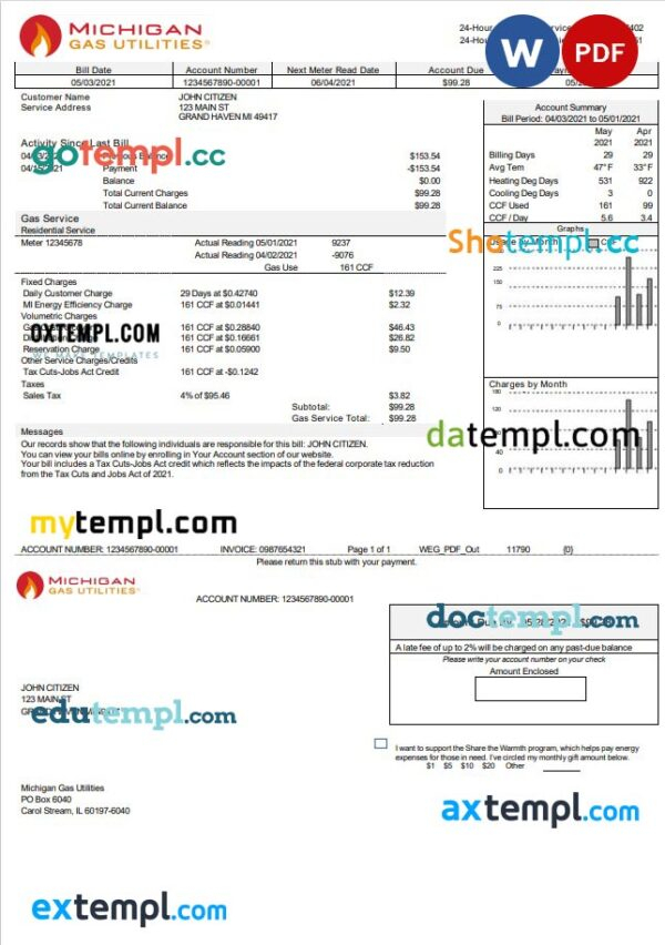 USA Michigan Gas Utilities Utility Bill Template In Word And PDF Format 