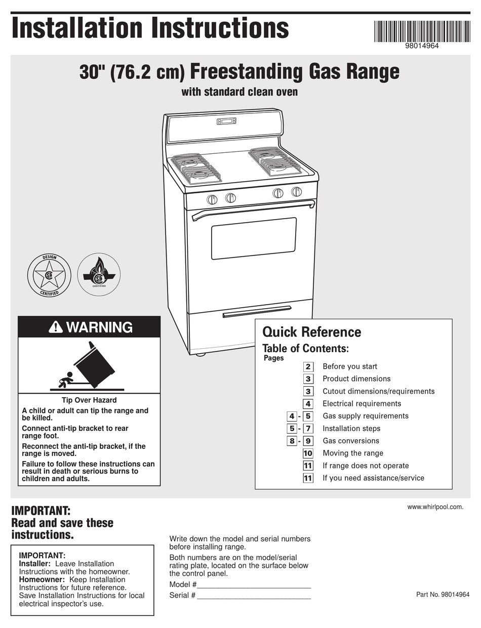 WHIRLPOOL FREESTANDING GAS RANGE INSTALLATION INSTRUCTIONS MANUAL Pdf 