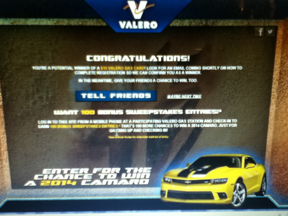 Winner In The Valero s Rumble With Bumblebee Camaro Giveaway Win A 